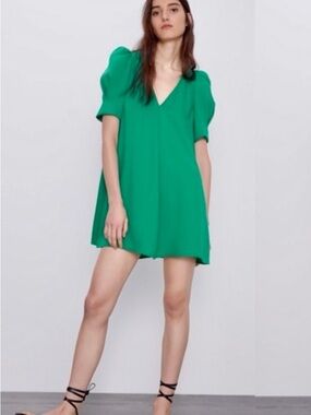 Zara Emerald Green V-Neck Puff Sleeve Mini Dress